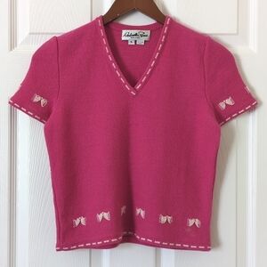 Antonella Preve 80's Vintage Bow Embellished Short Sleeve Knit Top Hot Pink S
